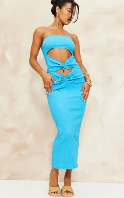 Bright Blue Textured Ruched Cut Out Bandeau Midaxi Dress