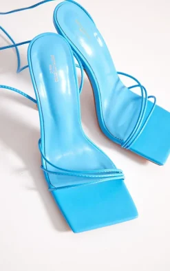 Bright Blue Wide Fit PU Square Toe Croc Strap Lace Up Mid Heeled Sandals