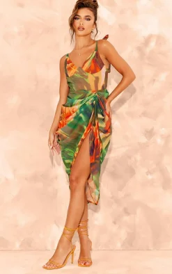 Bright Green Abstract Underwire Detail Draped Midi Dress