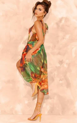 Bright Green Abstract Underwire Detail Draped Midi Dress