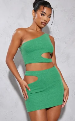 Bright Green Crinkle Rib One Shoulder Cut Out Crop Top