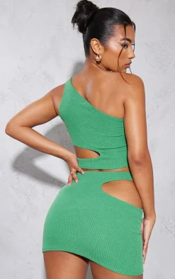 Bright Green Crinkle Rib One Shoulder Cut Out Crop Top