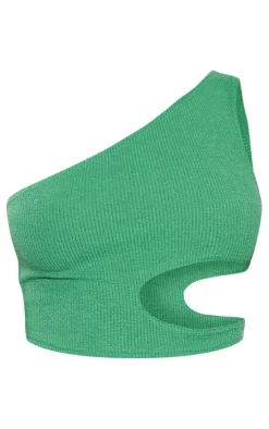 Bright Green Crinkle Rib One Shoulder Cut Out Crop Top