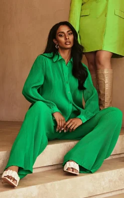 Bright Green Plisse Button Front Oversized Shirt
