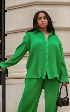Bright Green Plisse Button Front Oversized Shirt