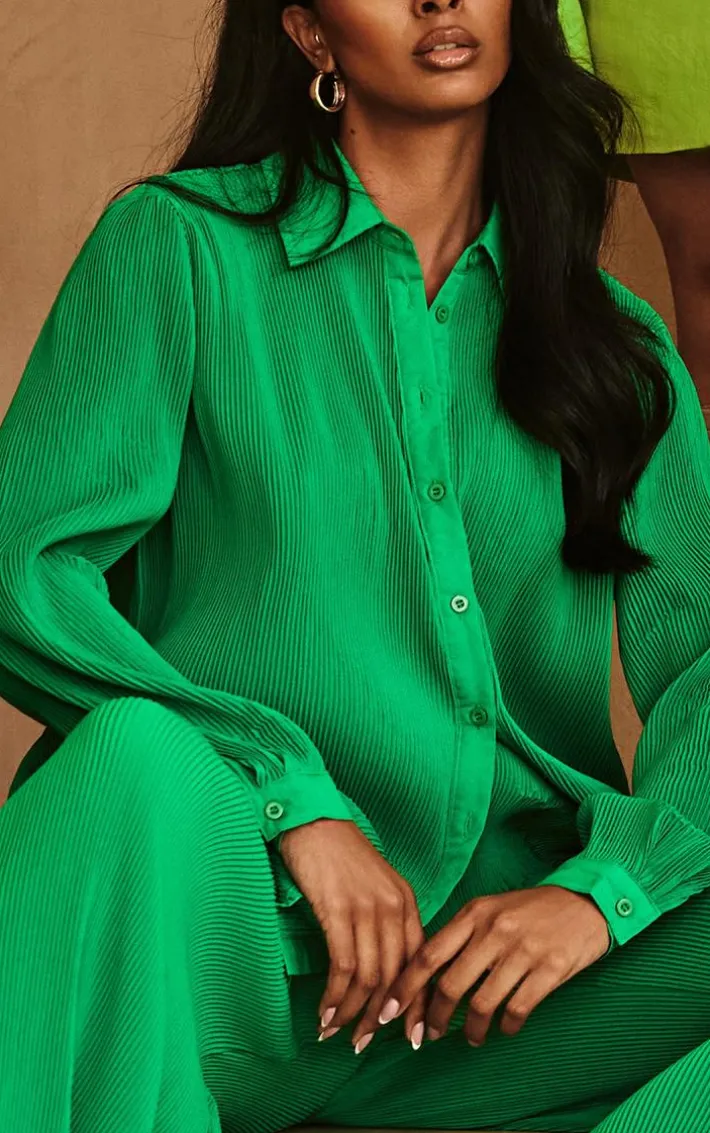 Bright Green Plisse Button Front Oversized Shirt