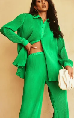 Bright Green Plisse High Waisted Wide Leg Pants