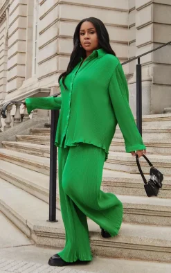 Bright Green Plisse High Waisted Wide Leg Pants
