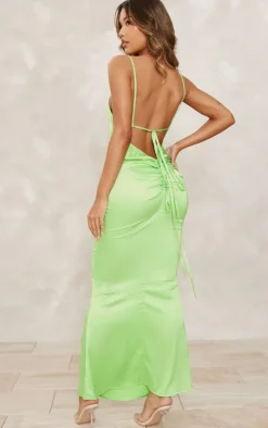 Bright Green Satin Backless Ruched Maxi Dress