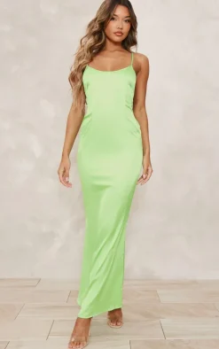 Bright Green Satin Backless Ruched Maxi Dress