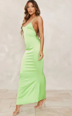 Bright Green Satin Backless Ruched Maxi Dress