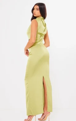 Bright Green Satin High Neck Cut Out Maxi Dress