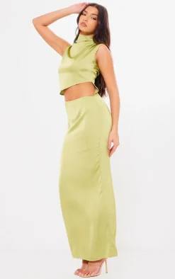 Bright Green Satin High Neck Cut Out Maxi Dress