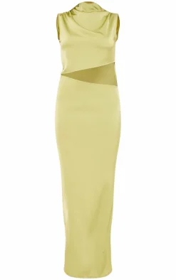 Bright Green Satin High Neck Cut Out Maxi Dress