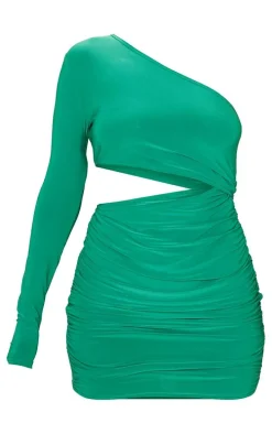 Bright Green Slinky One Shoulder Waist Cut Out Ruched Bodycon Dress