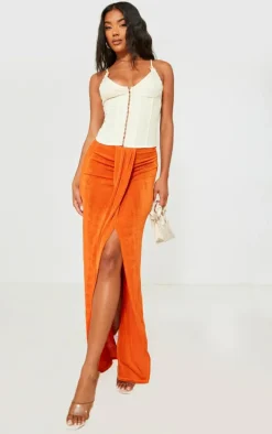 Bright Orange Acetate Slinky Drape Front Maxi Skirt