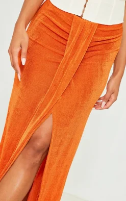 Bright Orange Acetate Slinky Drape Front Maxi Skirt