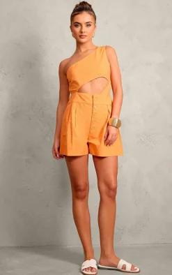 Bright Orange Cotton Poplin One Shoulder Cut Out Romper