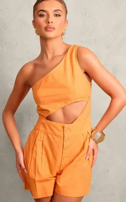 Bright Orange Cotton Poplin One Shoulder Cut Out Romper