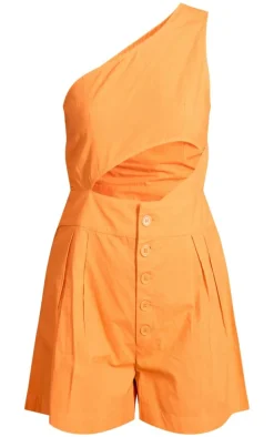 Bright Orange Cotton Poplin One Shoulder Cut Out Romper