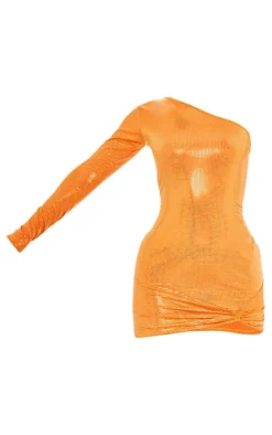 Bright Orange Glitter Slinky One Sleeve Knot Detail Bodycon Dress