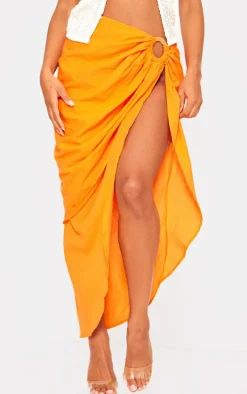 Bright Orange Linen Look Wrap Over Ring Detail Midi Skirt