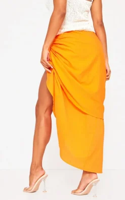 Bright Orange Linen Look Wrap Over Ring Detail Midi Skirt