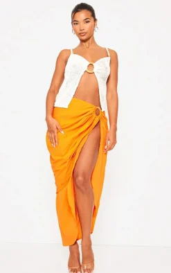 Bright Orange Linen Look Wrap Over Ring Detail Midi Skirt