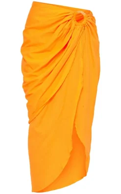 Bright Orange Linen Look Wrap Over Ring Detail Midi Skirt