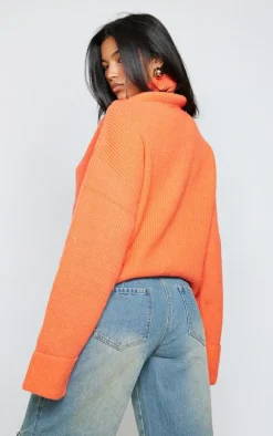 Bright Orange Marl Chunky Knit Half Zip Sweater