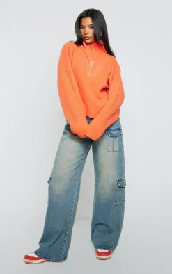 Bright Orange Marl Chunky Knit Half Zip Sweater