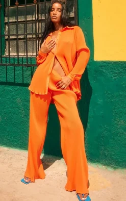 Bright Orange Plisse High Waisted Wide Leg Pants