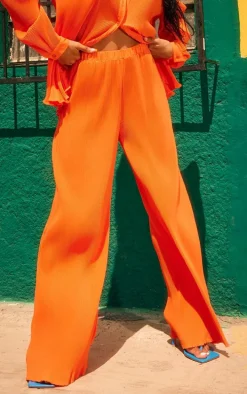 Bright Orange Plisse High Waisted Wide Leg Pants