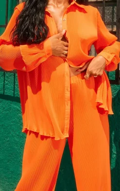 Bright Orange Plisse High Waisted Wide Leg Pants