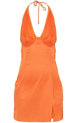Bright Orange Satin Pleated Bust Detail Halter Shift Dress