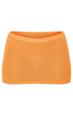 Bright Orange Sheer Waffle Low Rise Micro Mini Skirt