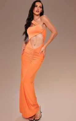 Bright Orange Slinky Asymmetric Extreme Cut Out Maxi Dress