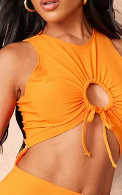 Bright Orange Slinky Cowl Neck Cut Out Bodycon Dress