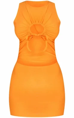 Bright Orange Slinky Cowl Neck Cut Out Bodycon Dress