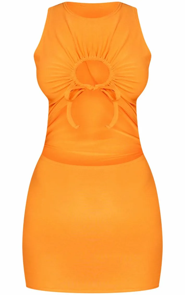 Bright Orange Slinky Cowl Neck Cut Out Bodycon Dress