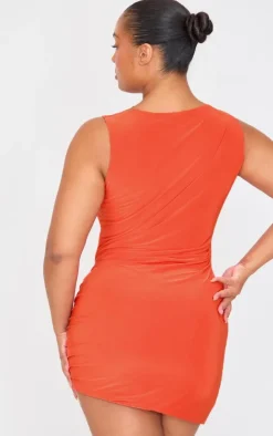 Bright Orange Slinky Ruched Shoulder Racer Neck Bodycon Dress