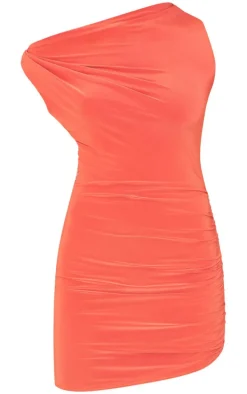 Bright Orange Slinky Ruched Shoulder Racer Neck Bodycon Dress