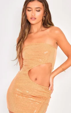 Bright Orange Textured Glitter Bandeau Cut Out Mini Dress