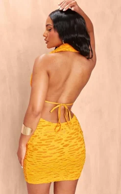 Bright Orange Textured Halter Neck Cowl Neck Mini Dress