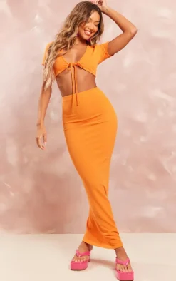 Bright Orange Textured Jersey Low Rise Midaxi Skirt