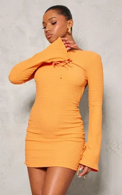 Bright Orange Textured Open Back Flared Sleeve Shift Dress