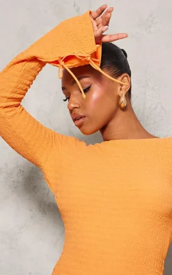 Bright Orange Textured Open Back Flared Sleeve Shift Dress