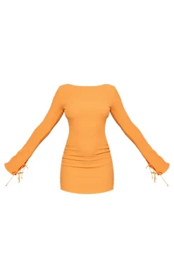 Bright Orange Textured Open Back Flared Sleeve Shift Dress
