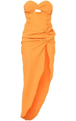 Bright Orange Twist Split Bandeau Maxi Dress