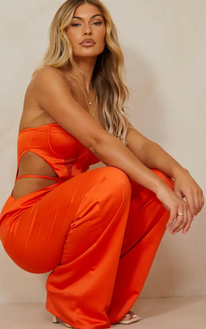 Bright Orange Underwire Cup Detail Cut Out Waist Satin Bandeau Jumpsuit